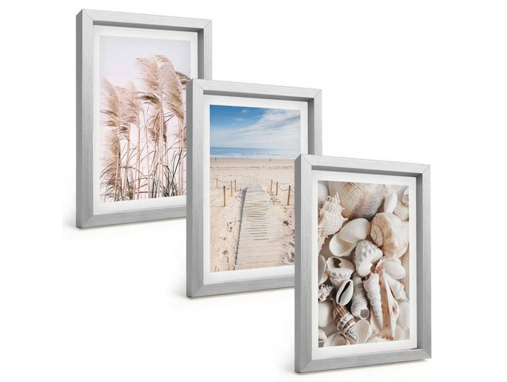 Tulup Bilder SET 3er Set - 20x30 cm Silberner Rahmen - Strandmuscheln Seegras, Silberfarben, Kunststoff, Rechteckig, 20x30 cm, Fotografie, Bilder & Rahmen, Bilder