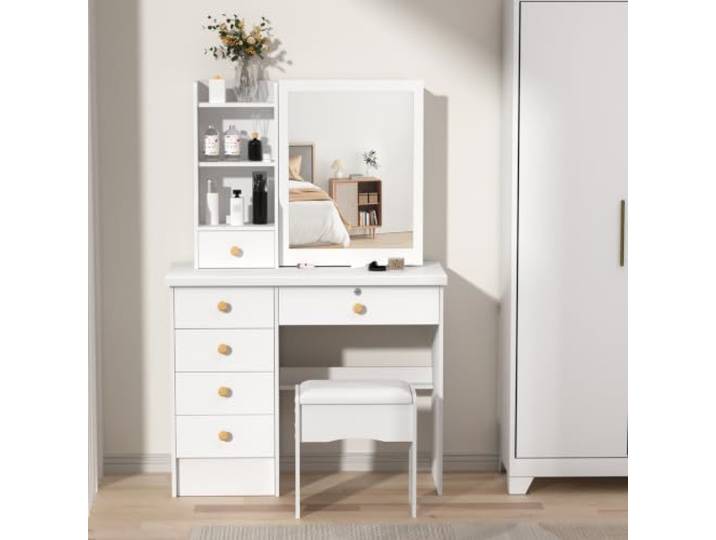 Biplut Schminktisch mit Schiebespiegel und 6 Schubladen Frisiertisch Robustes Holzmaterial mit intelligentem Schiebespiegel-Design für moderne Make-up-Aufbewahrung im Schlafzimmer Weiß