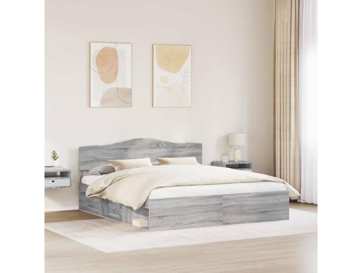 SKTQYQO Bettgestell grau Sonoma 200 x 200 cm Kiefer massiv Engineered Holz, Kopfteil inklusive, Modernes Design, Doppelzimmer