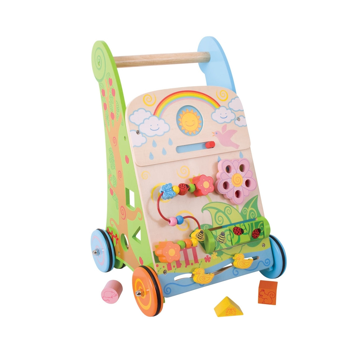 Bigjigs Toys houten loopwagentje met activiteitentafel bloemenmotief