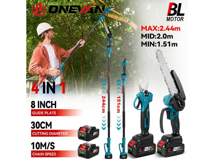 Scie à chaîne électrique télescopique sans balais ONEVAN, 8 pouces, 6 pouces, cisailles de taille 30 mm, outil de jardin 4 en 1 pour batterie Makita 18V