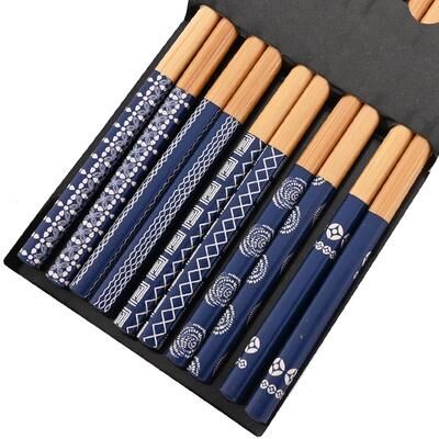 Perfect Picks Market Reusable Bamboo Chopsticks Set Handmade Japanese Natural Wood Multi Color Cat & Flower Design 5pairs Blue