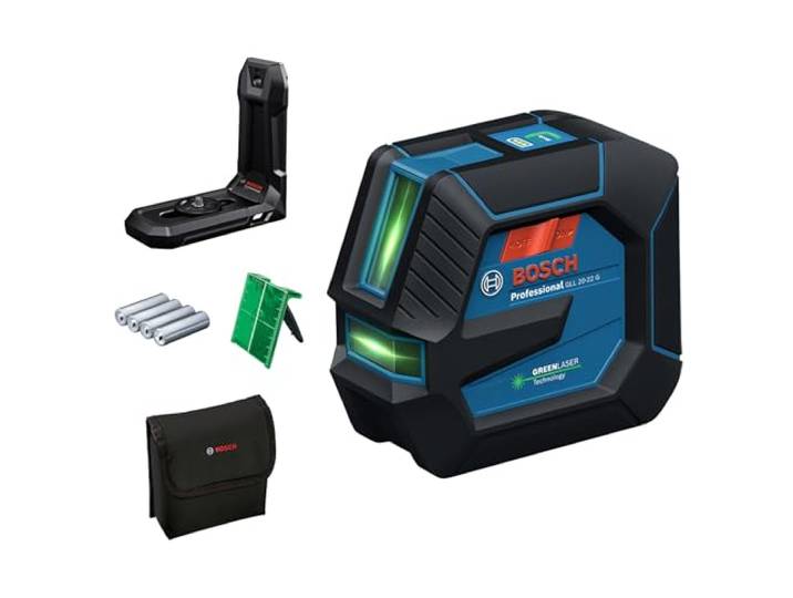 Bosch Professional laser lignes GLL 20-22 G (support de fixation LB 10\, laser vert\, pour utilisation en intérieur\, alimentation dual power\, 2 piles 1\,5V LR6\, housse de protection)