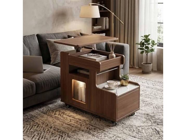Beistelltisch aus Massivholz mit Schubladen, Schrank und drehbarer Platte Beistelltisch Couch mit Stauraum auf mehreren Ebenen, Schubladen, Schrank, höhenverstellbarer drehbarer Platte