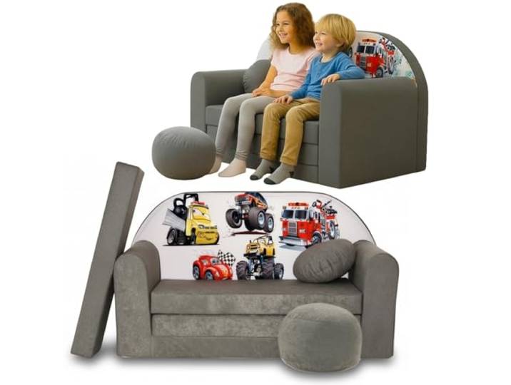 TUPPI Kindersofa mit Schlaffunktion 168x98 cm - Kindersofa Ausklappbar Kinder Sofa für Kinderzimmer - Samtweicher Velours - 4-teilig inkl. Kissen & Puff