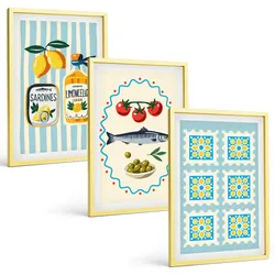 BILDER SET 3er Set - 40x60 cm Goldrahmen - Illustrationen von Küchen im mediterranen Stil