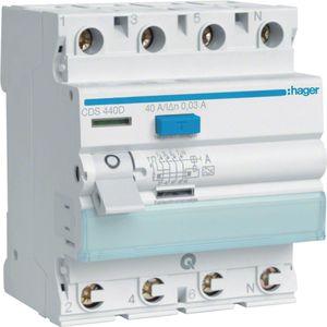 Hager FI-Schutzschalter CDS440D, 30mA, Typ A, 40A, 230V/400V AC, 6kA Abschaltvermögen, 4-polig