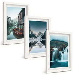 BILDER SET 3er Set - 20x30 cm Weißer Rahmen - Berglandschaften Wasserfall See