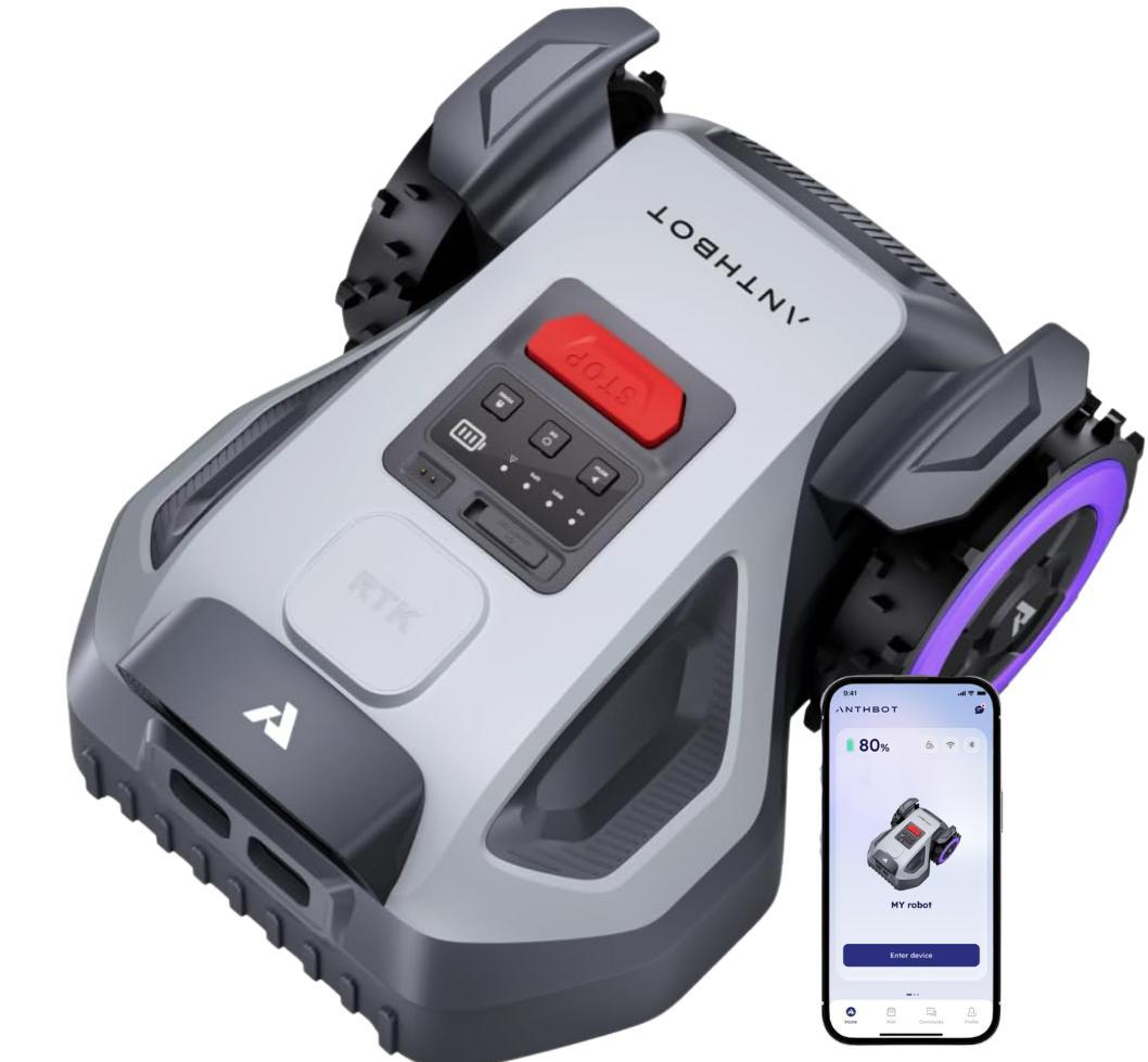 ANTHBOT M5 Mähroboter ohne Begrenzungskabel, RTK-Navigation, 150°KI-Kamera, App-Steuerung, für Gärten bis 500 m²