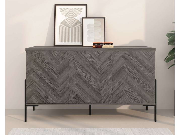 Sideboard GOODPRODUCT Eadwine , grau (weiß eiche), B:130cm H:75cm T:38cm, MDF, Sideboards, Sideboard, Kommode, Push-to-open, Türen mit Fischgräten Muster, Breite 130 cm