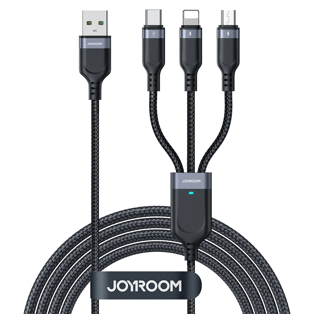 Joyroom 3-i-1 Nylon USB-C / Lightning / Micro USB Kabel - 30cm - Sort
