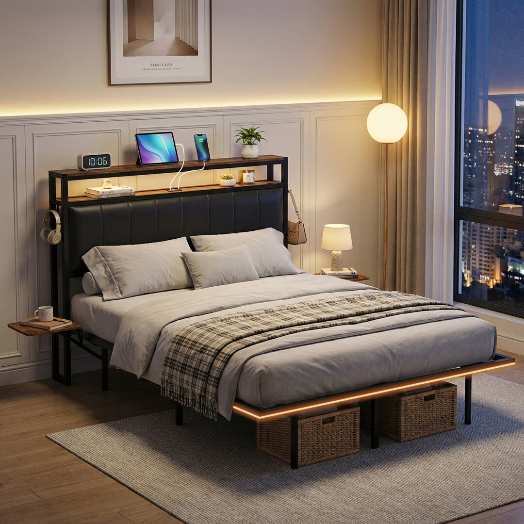 Rosalind Wheeler Aether Floating Double Bed Frame with Storage Headboard, Charging & LED Lights Black Double
