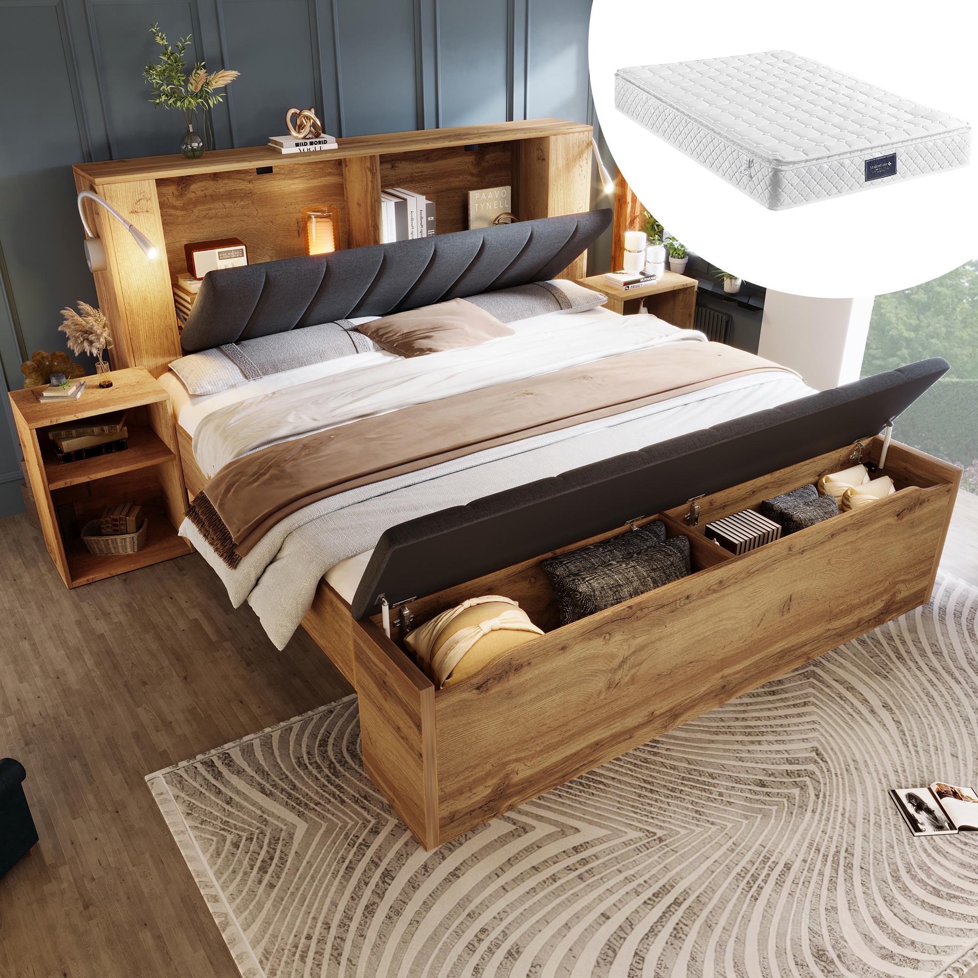 Doppelbett 160 x 200 cm Holzbett mit klappbarem Kopfteil Stauraum zwei Nachttische Bettbank mit Stauraum Leselampen mit USB Lattenrost Mit Matratze