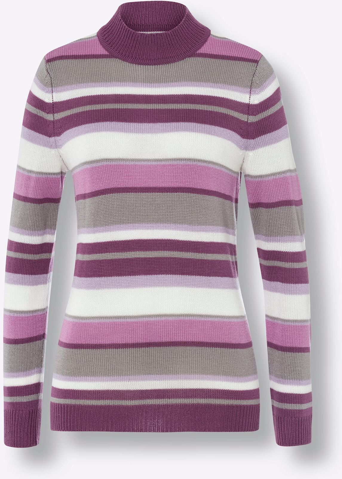 Stehkragenpullover CLASSIC BASICS "Stehkragen-Pullover", Damen, Gr. 44, lila (violett, flieder, geringelt), 100% Polyacryl, gemustert, gestreift, mehrfarbig, Pullover Stehkragenpullover violett, flieder, geringelt 44