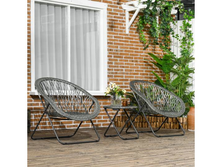 Outsunny Salon Extérieur Résine 2 Pers. Table + 2 Chaises Pliables Gris