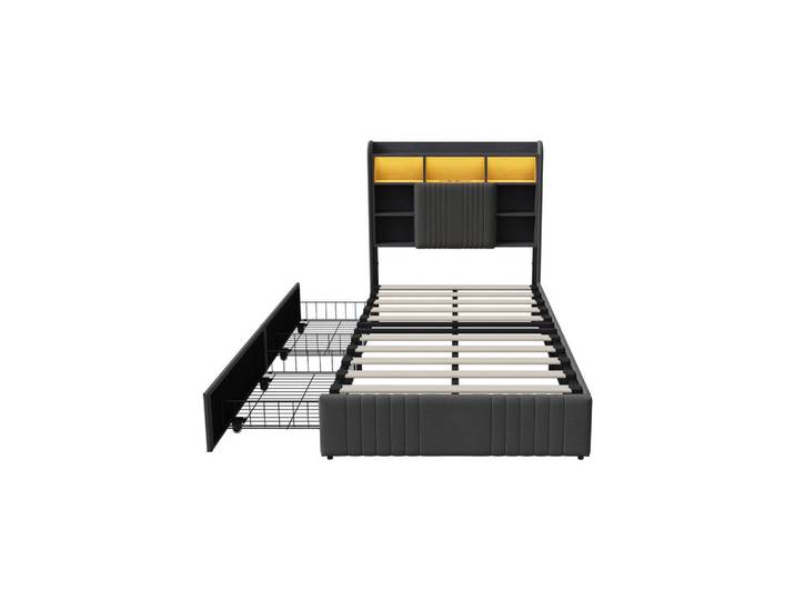 Shopentra Einzelbett 90/200 cm Grau mit Schubladen und LED-Beleuchtung, Holz, 90x200 cm, Schlafzimmer, Betten, Polsterbetten