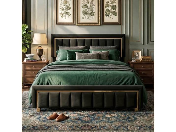 Lit Double - 140x200cm - Rangement Hydraulique - Bordure Dorée - Velours à Rayures - Design Chic - Noir et Or