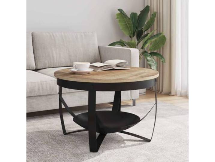 HKLGBVCR Couchtisch, rund, aus Mangoholz, 68 cm, mit Basis aus Eisen