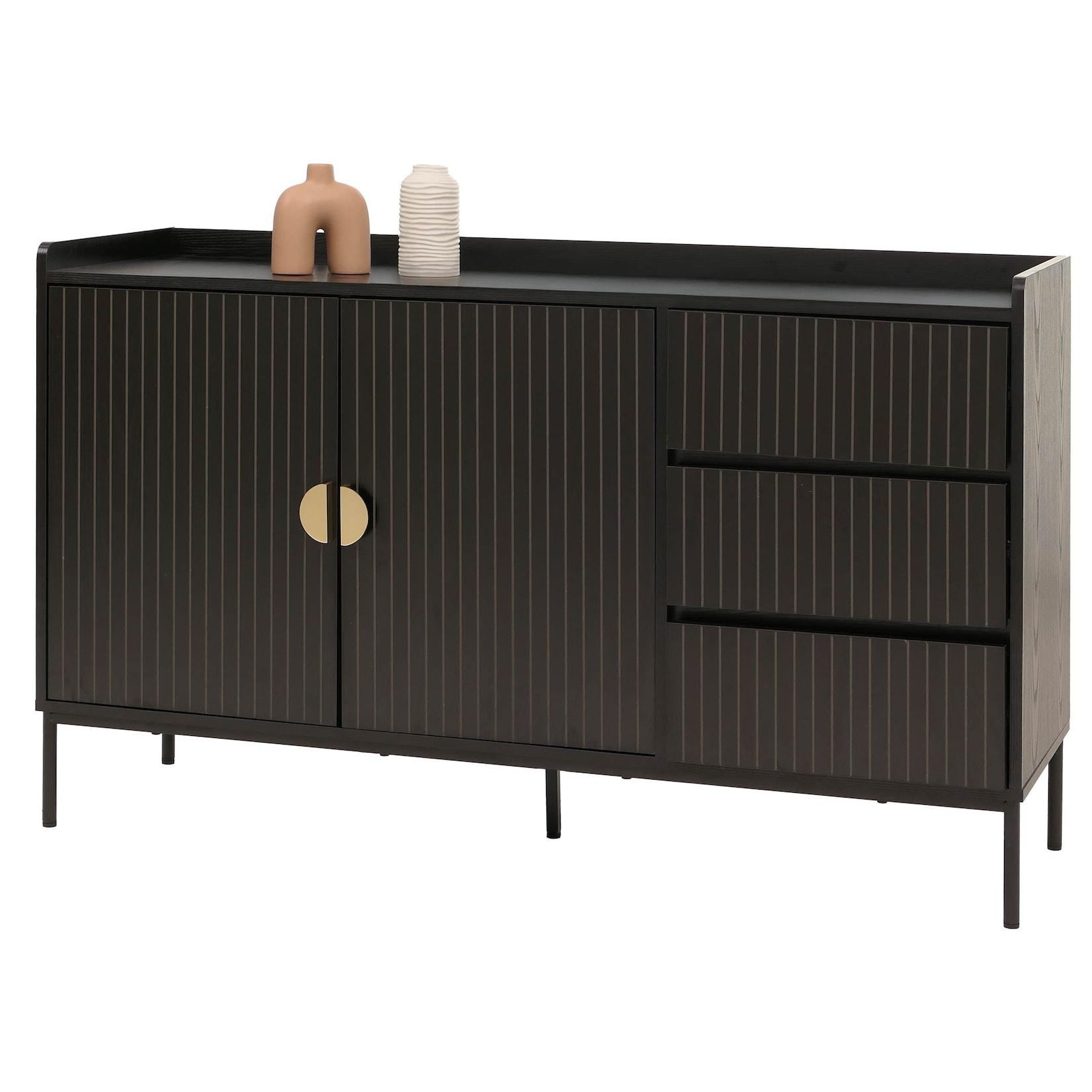 Sideboard MCW-O39, Kommode Schrank Anrichte, 3 Schubladen 2 Türen, Holz Melamin 80x130x42cm ~ Holzoptik schwarz