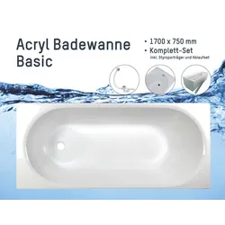 sanicomfort Badewanne Komplettset Basic Rechteck 170x75 cm mit Wannenträger und Ablaufgarnitur, Acryl-Badewanne, weiß, 1700 x 750 mm