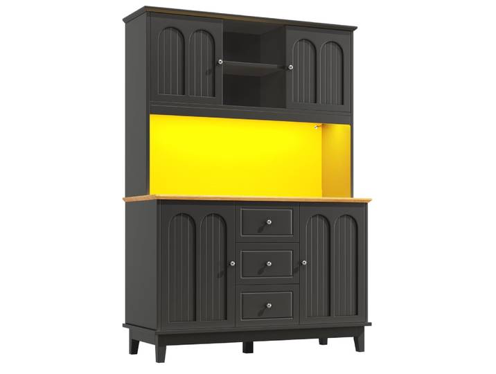 Vaisselier de cuisine noir arché avec led , 4 portes et 3 tiroirs