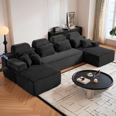 Abrihome "141"" U-Shaped Corduroy Boneless Sectional Sofa with Pillows and Chaises"