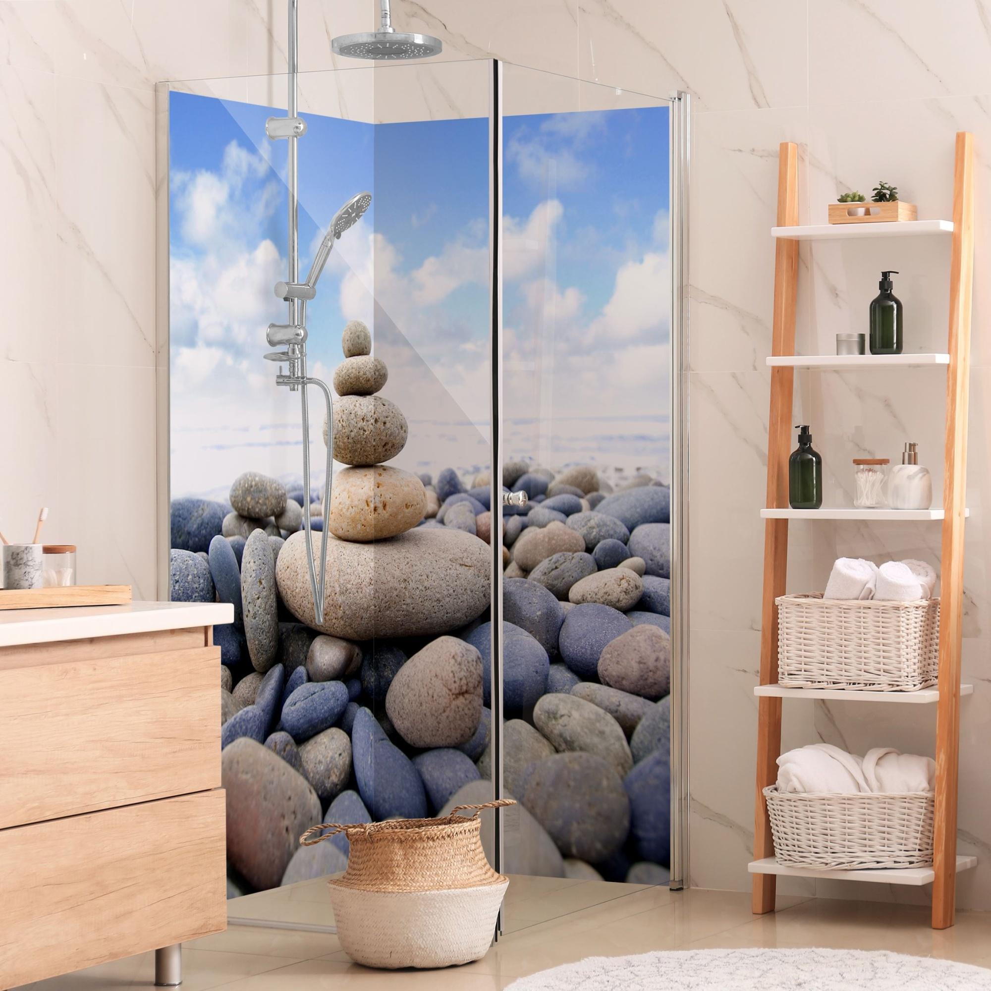 Duschrückwand Himmel selbstklebend - 0.61 mm Wandpaneel wasserfest Naturstein blau Steinoptik Motiv Badrückwand fugenlos Premium matt 100x210 cm