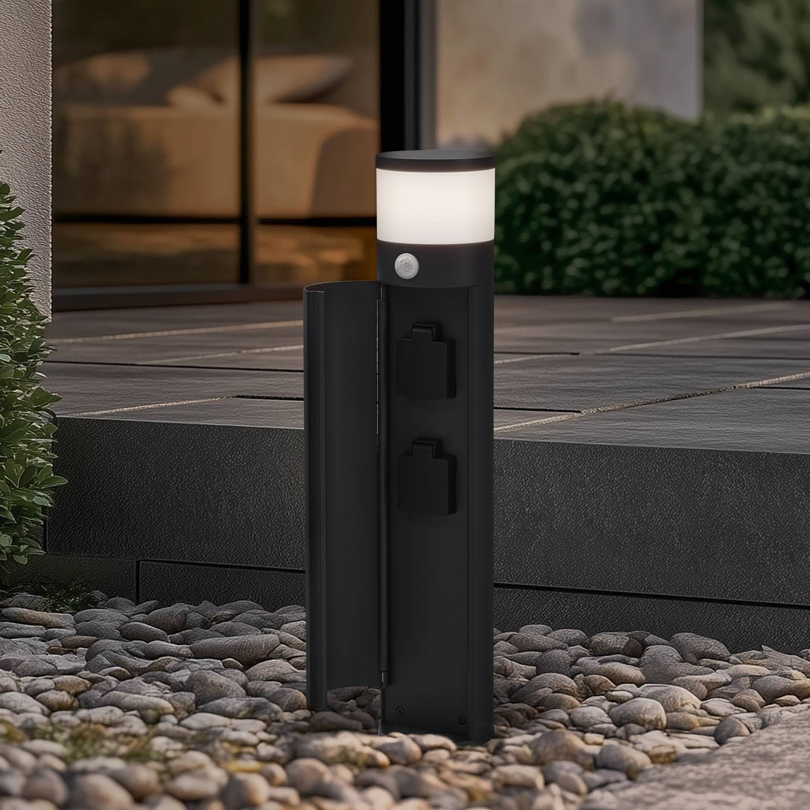 Lucande Corban sokkellamp, grijs en zwart, aluminium, met bewegingssensor, dimbaar en IP44-bescherming