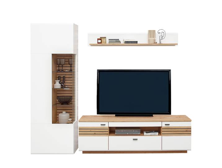 Wohnwand 3-teilig Kombi E MDF Mitteldichte Holzfaserplatte , Weiß 270 x 201 x 47cm