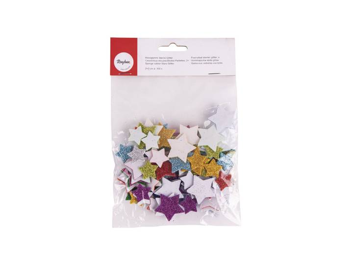 Moosgummi Sterne Glitter, 2+3cm ø, selbstklebend, SB-Btl 100Stück