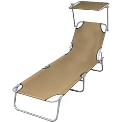 Helloshop26 - Sonnenliege Deckstuhl Sonnenbett Gartenbett Terrassenmöbel klappbare Gartenmöbel mit Sonnendach taupefarbener Stahl 02_0012813