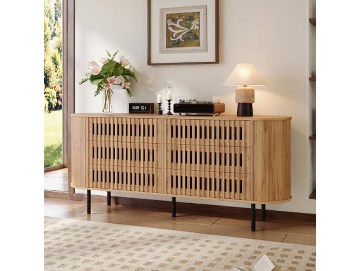 Merax Sideboard 160cm, Kommode mit 6 Schubladen, Buffetschrank Landhausstil mit Ovale Arbeitsfläche, Hohl-Lamellen Design, Mehrzweckschrank Flurschrank für Wohnzimmer Schlafzimmer Flur, Naturholzfarbe