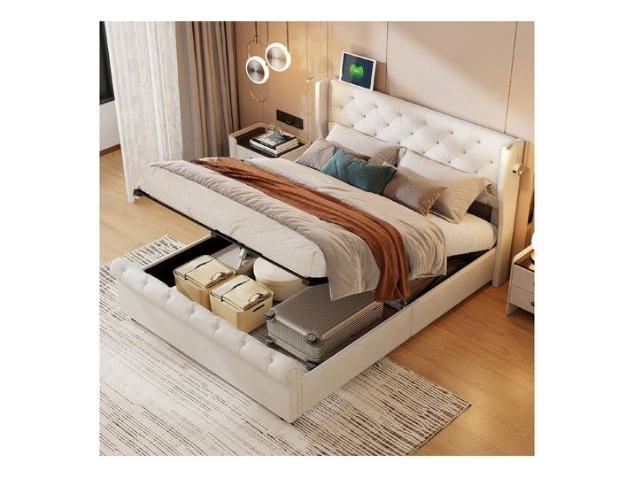 Furnishings Home Polsterbett LED Doppelbett Stauraumbett gepolstertem Kopfteil 160x200 cm (Mit LED-Beleuchtung und hydraulischem Stauraum), Jugendbett, Leises Design Bett, Zwei Leselampen