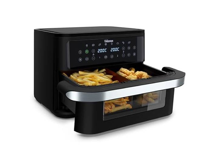 Tristar Dualzone Flex Heißluftfritteuse, 10 L, 2800 W, Trennwand 8 Automatikprogramme, Sync-Funktion, Sichtfenster, Spülmaschinengeeignete Teile, Grillrost, FR-9432