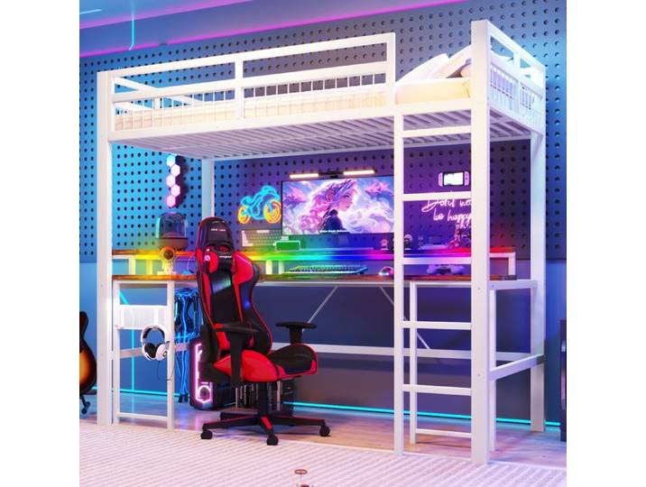Lit mezzanine 90x200 métal blanc avec LED bureau prises/USB-C tableau perforé et sommier
