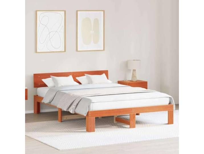 RJPLMFV Bettgestell, massives Kiefernholz, 150 x 200 cm, Braun Integriertes Kopfteil, Latten inklusive, modernes Design, einfache Montage