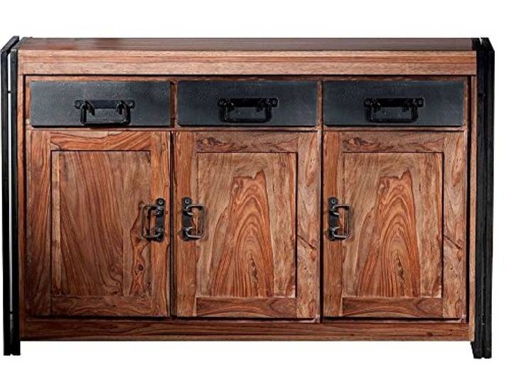 SIT-Möbel 9203-01 Sideboard Panama Shesham Natur mit schwerem Altmetall und Gebrauchsspuren, 140 x 40 x 90 cm, 3 Türen, 3 Schubläden