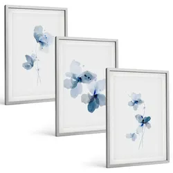 BILDER SET 3er Set - 40x60 cm Silberner Rahmen - Blaue Blumen