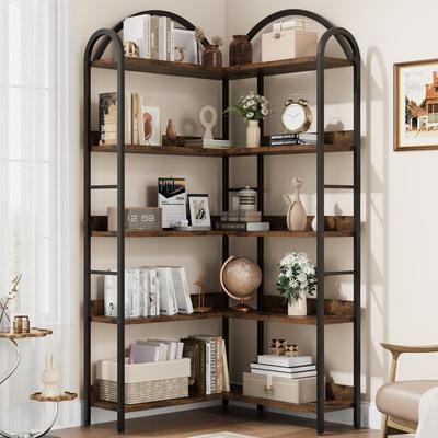 "Garvee Arched Corner Bookshelf, 68.5"" Tall 5-Tier Industrial Wood and Metal Bookcase"