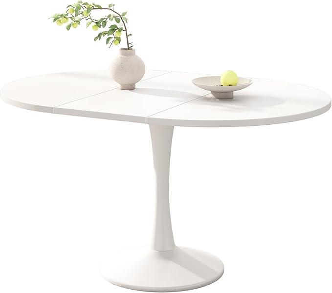 1 Stück Platzsparender ausziehbarer runder Esstisch, mit pflegeleichter Holzwerkstoff-Oberfläche & Stabiler Säulenbasis,100/140 x 100 x 75 cm, für bis zu 8 Personen