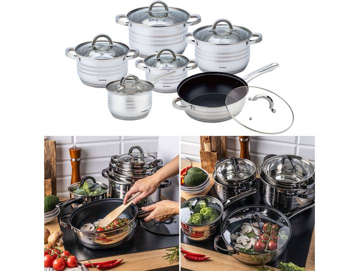 Edles Kochtopf-Set aus Edelstahl mit Glasdeckel, dunkle Griffe, 6-teilig