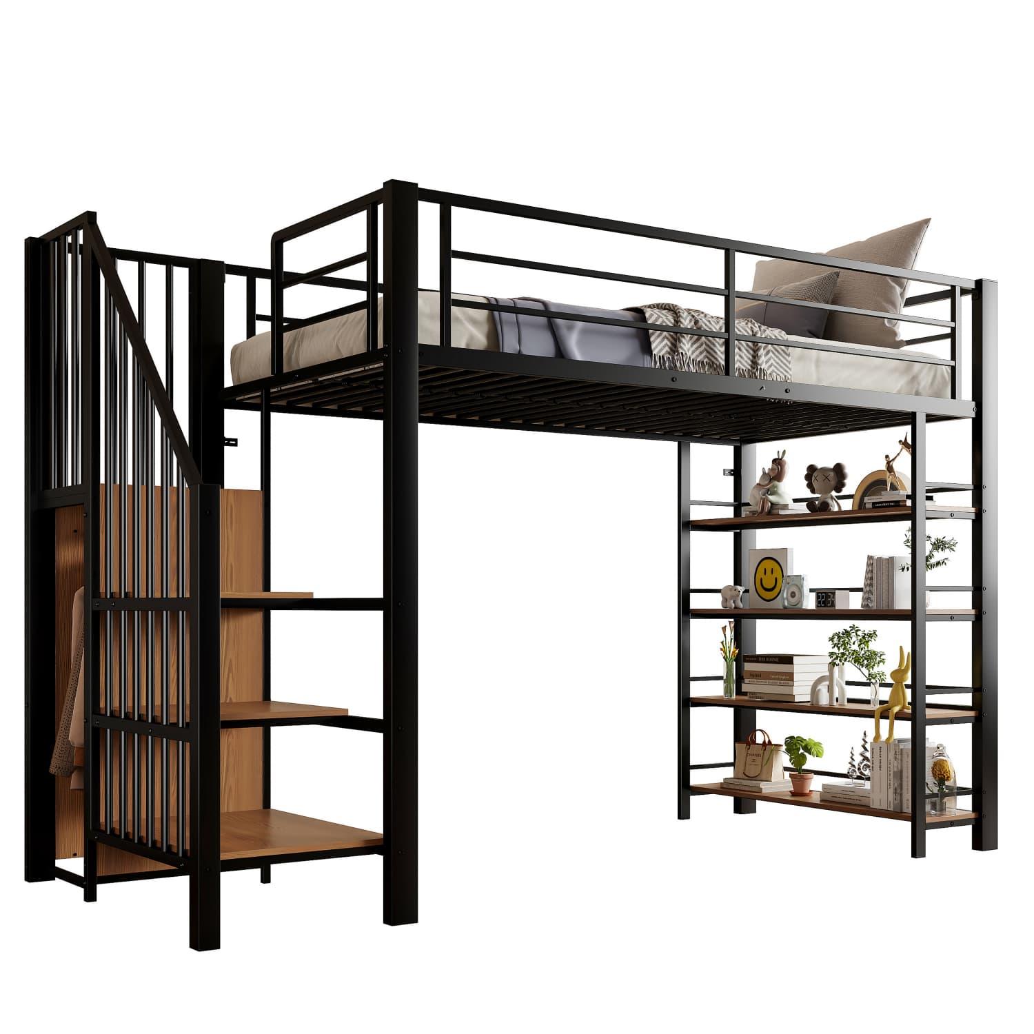 Hochbett(Schwarz,90*200)mit Sicherheitstreppe, Stauraum und kleinem Kleiderschrank, Einlegeböden, hohes Zaundesign, Einzelbett, Jugendbett