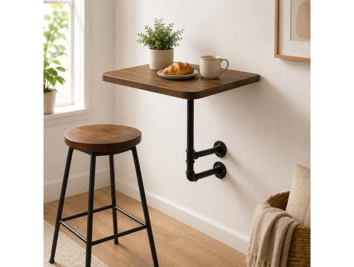 STARHMLUX Wandbartisch, Industrieller Hängender Holztisch für kleine Räume Platzsparend, Stabiler Metallrahmen, Abgerundete Ecken, Einfache Montage, Retro Look(Walnut)