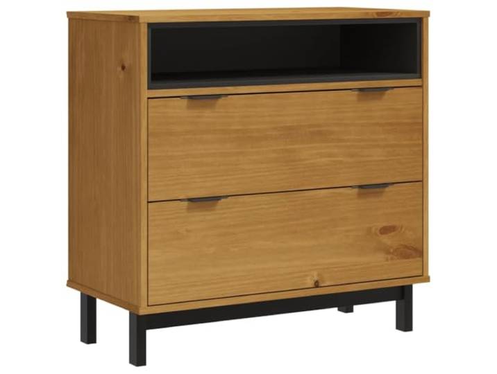 Foknhdi Schubladenschrank FLAM 80x40x80 cm Kiefernholz Eichen-Optik Vielseitige Kommode mit offener Ablage und Fächern fürs Wohnzimmer. Stabile Holzbeine garantieren sicheren Stand.