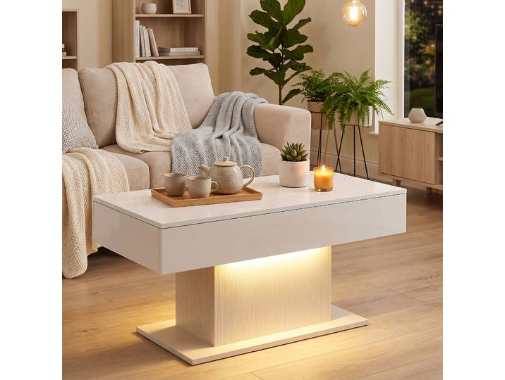 HOMCOM Table Basse Moderne LED Blanc 2 Tiroirs Rangement