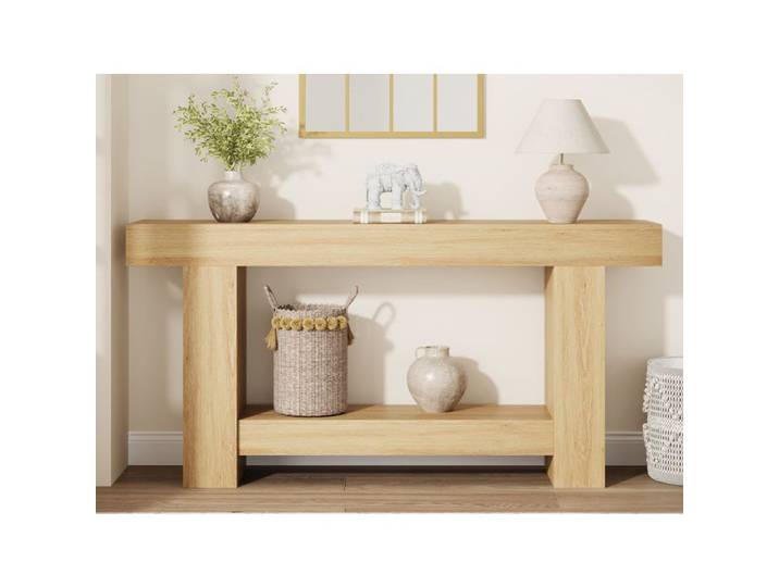 Koioplie Table console d'entrée style farmhouse 2 niveaux avec étagère ouverte - Bois naturel - bois - 160 cm