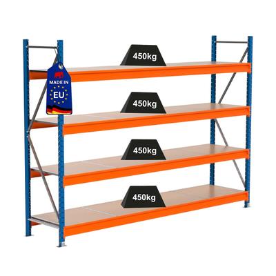 PROREGAL Industrie Schwerlastregal MAXIMUS PRO, Grundregal, HxBxT 200x275x60cm, 4 Ebenen, Spanplatten-Fachboden, Fachlast 450 kg, Blau/Orange