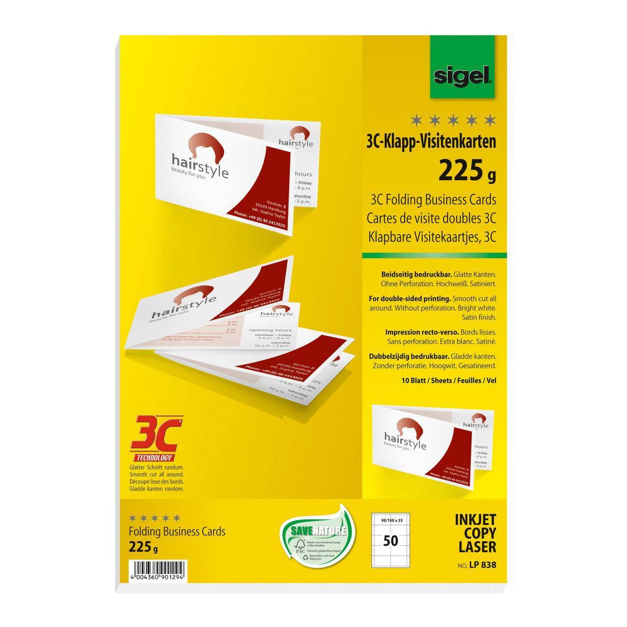 SIGEL 50 Visitenkarten LP838 satiniert weiß 225 g/qm