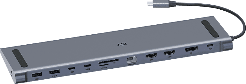 Docking station - ISY IDO-1100, Entradas USB A, C, HDMI, Audio 3.5mm, SD y microSD, Carga hasta 100W, Gris