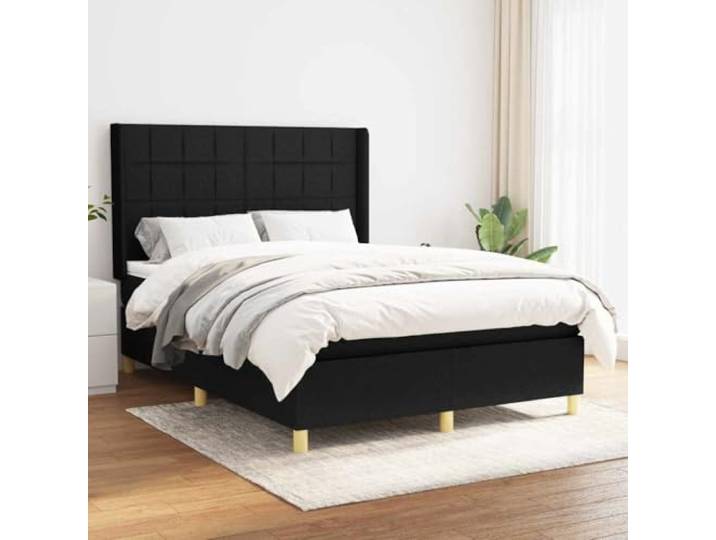 RJPLMFV Bettgestell, Stoff, 140 x 200 cm, Schwarz Verstellbares Kopfteil, Taschenfederkernmatratze, mittelharte Unterstützung, weicher Matratzenschutz